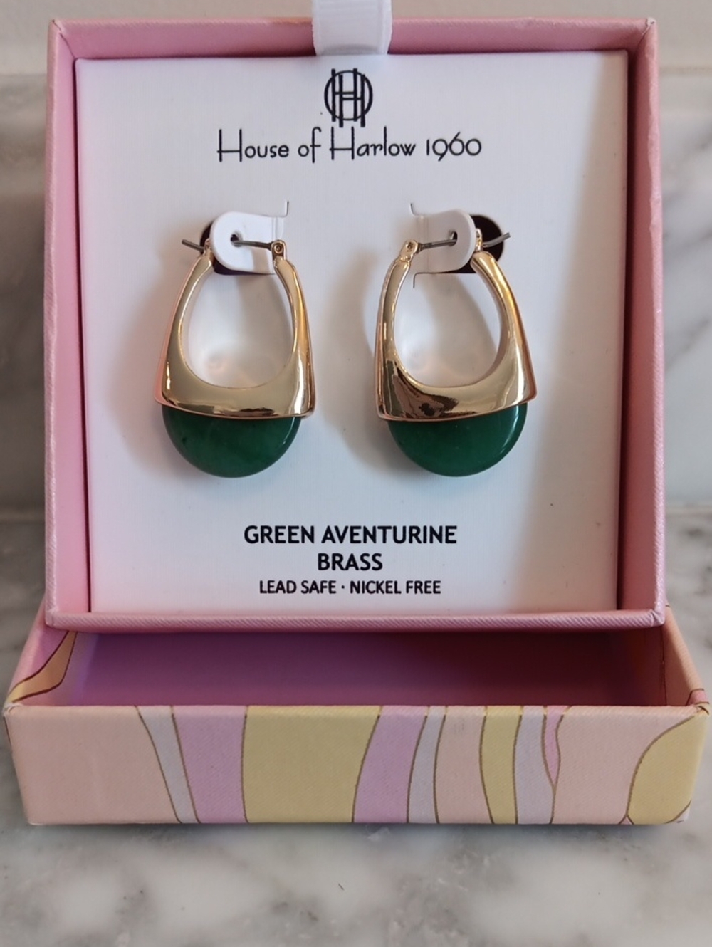 HouseofHarlow 1960 NIB Boho Chic Green Aventurine Brass Gold-tone Hoop Earrings